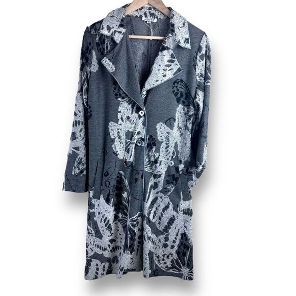 Adore Women's M Butterfly Tapestry Trench Gray Black Statement Wearable Art Boho - Picture 1 of 8